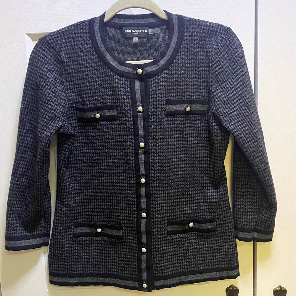 EUC Karl Lagerfeld Houndstooth Four Pocket Button-Front Cardigan/Sweater Jacket